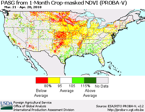 United States PASG from 1-Month Crop-masked NDVI (PROBA-V) Thematic Map For 4/11/2018 - 4/20/2018