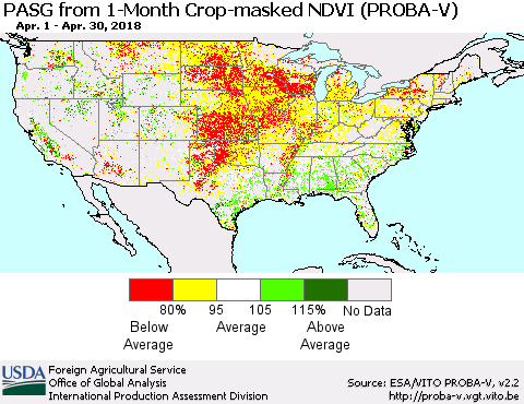 United States PASG from 1-Month Crop-masked NDVI (PROBA-V) Thematic Map For 4/21/2018 - 4/30/2018