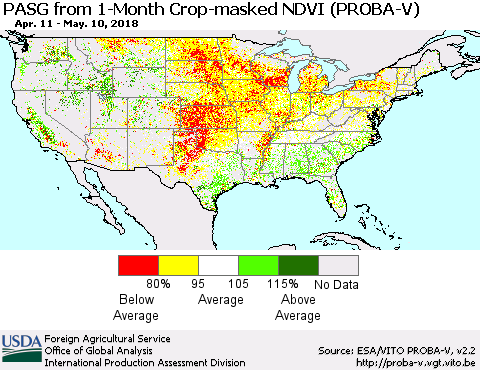 United States PASG from 1-Month Crop-masked NDVI (PROBA-V) Thematic Map For 5/1/2018 - 5/10/2018