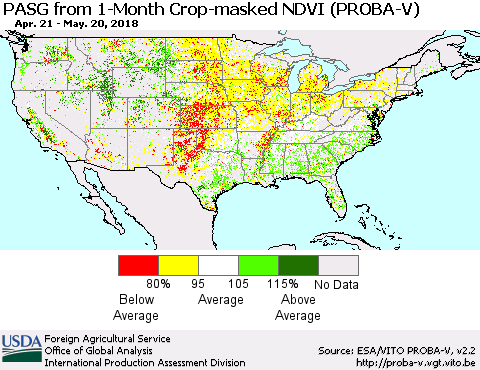 United States PASG from 1-Month Crop-masked NDVI (PROBA-V) Thematic Map For 5/11/2018 - 5/20/2018