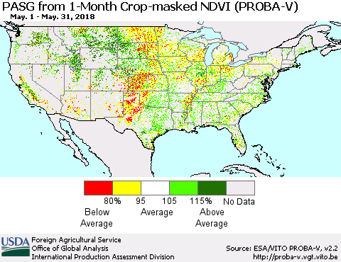 United States PASG from 1-Month Crop-masked NDVI (PROBA-V) Thematic Map For 5/21/2018 - 5/31/2018