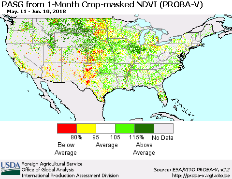 United States PASG from 1-Month Crop-masked NDVI (PROBA-V) Thematic Map For 6/1/2018 - 6/10/2018