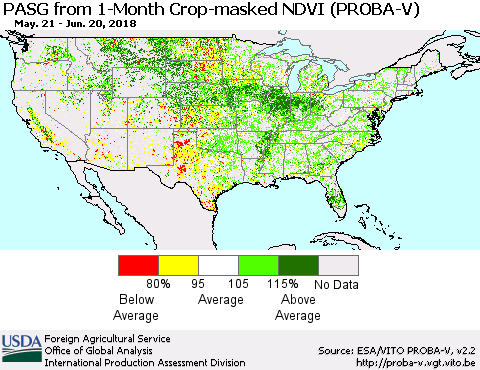 United States PASG from 1-Month Crop-masked NDVI (PROBA-V) Thematic Map For 6/11/2018 - 6/20/2018
