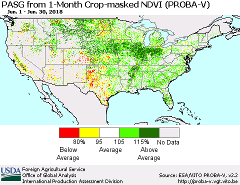 United States PASG from 1-Month Crop-masked NDVI (PROBA-V) Thematic Map For 6/21/2018 - 6/30/2018