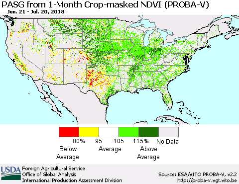 United States PASG from 1-Month Crop-masked NDVI (PROBA-V) Thematic Map For 7/11/2018 - 7/20/2018