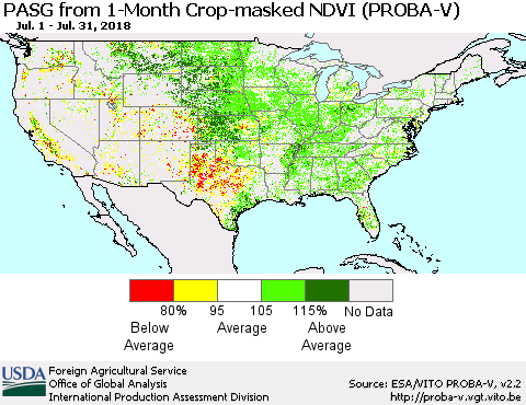 United States PASG from 1-Month Crop-masked NDVI (PROBA-V) Thematic Map For 7/21/2018 - 7/31/2018