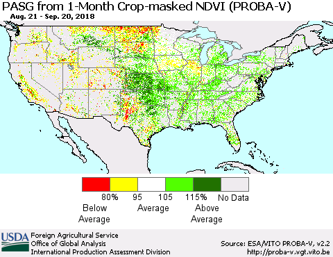 United States PASG from 1-Month Crop-masked NDVI (PROBA-V) Thematic Map For 9/11/2018 - 9/20/2018