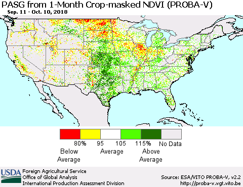 United States PASG from 1-Month Crop-masked NDVI (PROBA-V) Thematic Map For 10/1/2018 - 10/10/2018