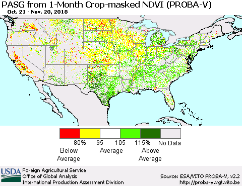 United States PASG from 1-Month Crop-masked NDVI (PROBA-V) Thematic Map For 11/11/2018 - 11/20/2018