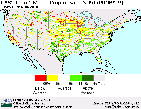 United States PASG from 1-Month Crop-masked NDVI (PROBA-V) Thematic Map For 11/21/2018 - 11/30/2018