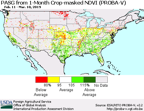 United States PASG from 1-Month Crop-masked NDVI (PROBA-V) Thematic Map For 3/1/2019 - 3/10/2019