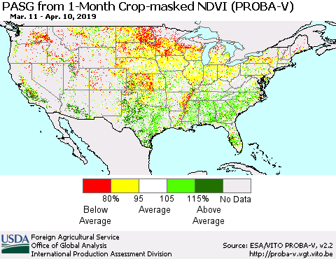United States PASG from 1-Month Crop-masked NDVI (PROBA-V) Thematic Map For 4/1/2019 - 4/10/2019
