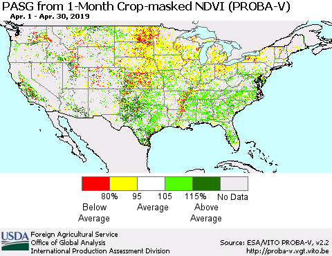 United States PASG from 1-Month Crop-masked NDVI (PROBA-V) Thematic Map For 4/21/2019 - 4/30/2019