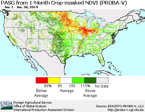 United States PASG from 1-Month Crop-masked NDVI (PROBA-V) Thematic Map For 6/21/2019 - 6/30/2019