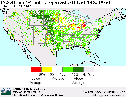 United States PASG from 1-Month Crop-masked NDVI (PROBA-V) Thematic Map For 7/21/2019 - 7/31/2019