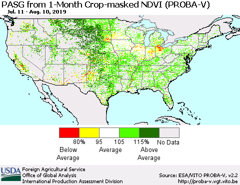 United States PASG from 1-Month Crop-masked NDVI (PROBA-V) Thematic Map For 8/1/2019 - 8/10/2019