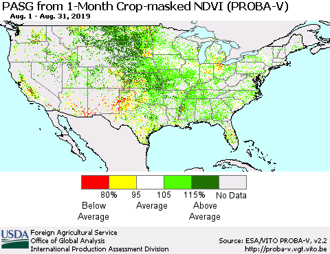 United States PASG from 1-Month Crop-masked NDVI (PROBA-V) Thematic Map For 8/21/2019 - 8/31/2019