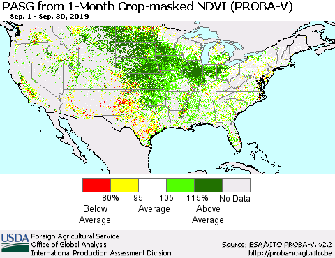 United States PASG from 1-Month Crop-masked NDVI (PROBA-V) Thematic Map For 9/21/2019 - 9/30/2019