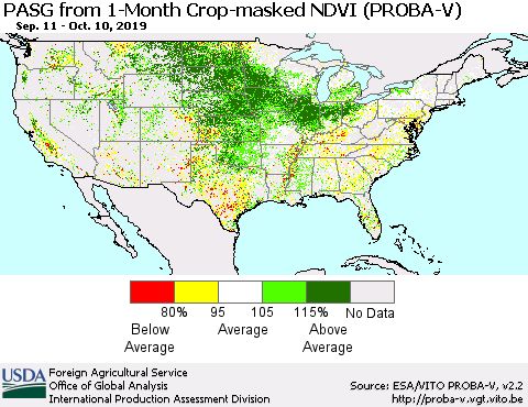 United States PASG from 1-Month Crop-masked NDVI (PROBA-V) Thematic Map For 10/1/2019 - 10/10/2019