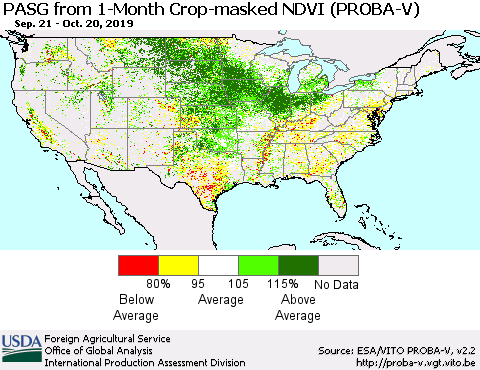 United States PASG from 1-Month Crop-masked NDVI (PROBA-V) Thematic Map For 10/11/2019 - 10/20/2019