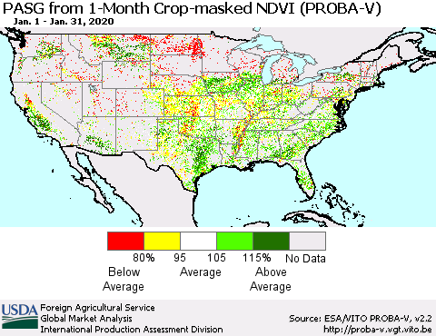 United States PASG from 1-Month Crop-masked NDVI (PROBA-V) Thematic Map For 1/21/2020 - 1/31/2020