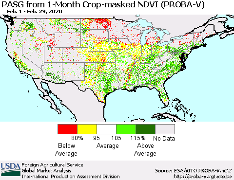 United States PASG from 1-Month Crop-masked NDVI (PROBA-V) Thematic Map For 2/21/2020 - 2/29/2020