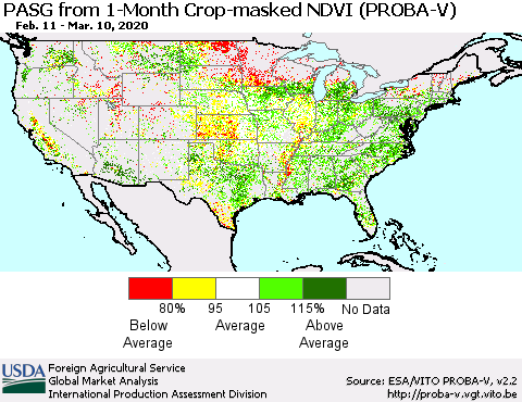 United States PASG from 1-Month Crop-masked NDVI (PROBA-V) Thematic Map For 3/1/2020 - 3/10/2020