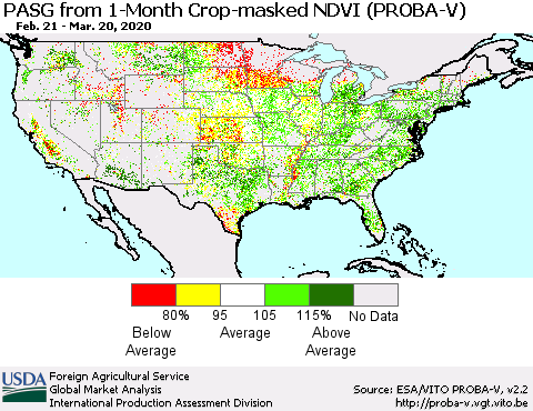 United States PASG from 1-Month Crop-masked NDVI (PROBA-V) Thematic Map For 3/11/2020 - 3/20/2020