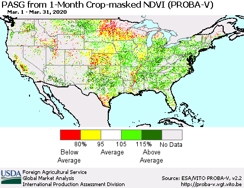 United States PASG from 1-Month Crop-masked NDVI (PROBA-V) Thematic Map For 3/21/2020 - 3/31/2020