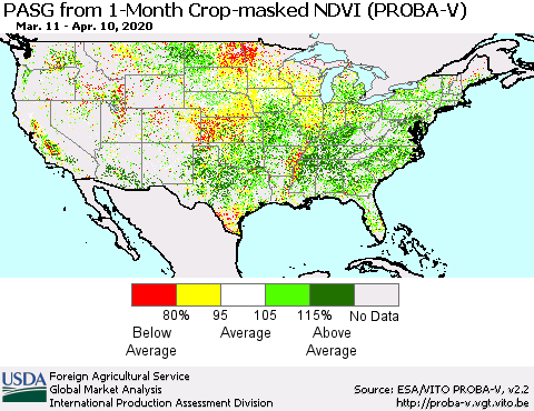 United States PASG from 1-Month Crop-masked NDVI (PROBA-V) Thematic Map For 4/1/2020 - 4/10/2020