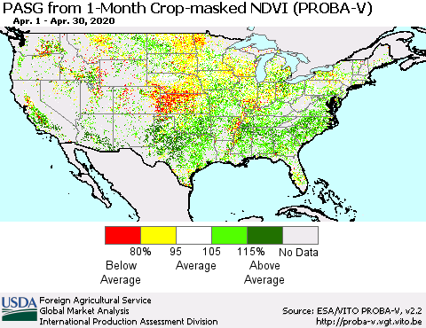 United States PASG from 1-Month Crop-masked NDVI (PROBA-V) Thematic Map For 4/21/2020 - 4/30/2020