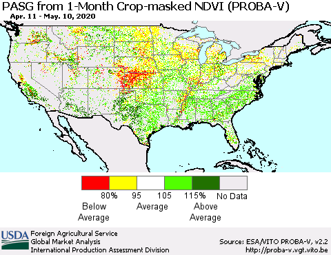 United States PASG from 1-Month Crop-masked NDVI (PROBA-V) Thematic Map For 5/1/2020 - 5/10/2020