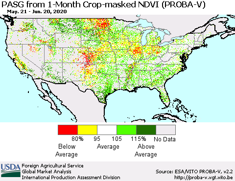 United States PASG from 1-Month Crop-masked NDVI (PROBA-V) Thematic Map For 6/11/2020 - 6/20/2020