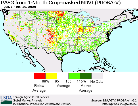 United States PASG from 1-Month Crop-masked NDVI (PROBA-V) Thematic Map For 6/21/2020 - 6/30/2020
