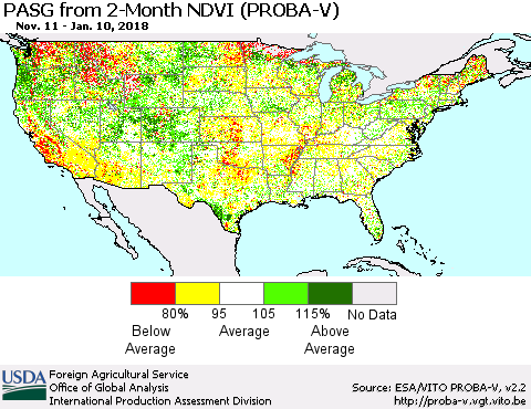 United States PASG from 2-Month NDVI (PROBA-V) Thematic Map For 1/1/2018 - 1/10/2018