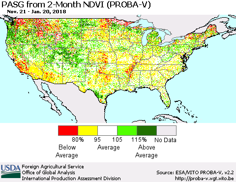 United States PASG from 2-Month NDVI (PROBA-V) Thematic Map For 1/11/2018 - 1/20/2018