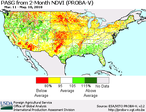 United States PASG from 2-Month NDVI (PROBA-V) Thematic Map For 5/1/2018 - 5/10/2018