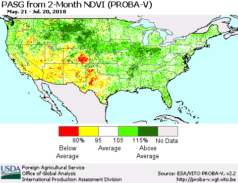 United States PASG from 2-Month NDVI (PROBA-V) Thematic Map For 7/11/2018 - 7/20/2018