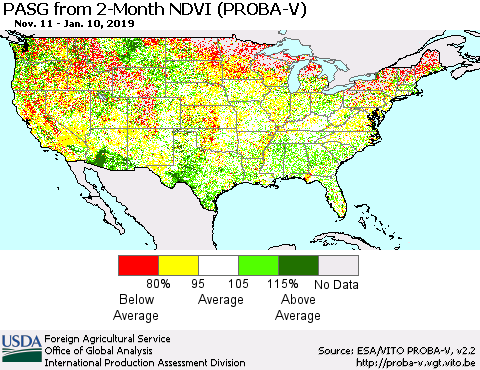 United States PASG from 2-Month NDVI (PROBA-V) Thematic Map For 1/1/2019 - 1/10/2019