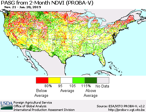 United States PASG from 2-Month NDVI (PROBA-V) Thematic Map For 1/11/2019 - 1/20/2019