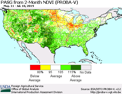 United States PASG from 2-Month NDVI (PROBA-V) Thematic Map For 7/1/2019 - 7/10/2019