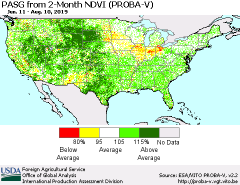 United States PASG from 2-Month NDVI (PROBA-V) Thematic Map For 8/1/2019 - 8/10/2019