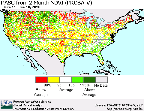 United States PASG from 2-Month NDVI (PROBA-V) Thematic Map For 1/1/2020 - 1/10/2020