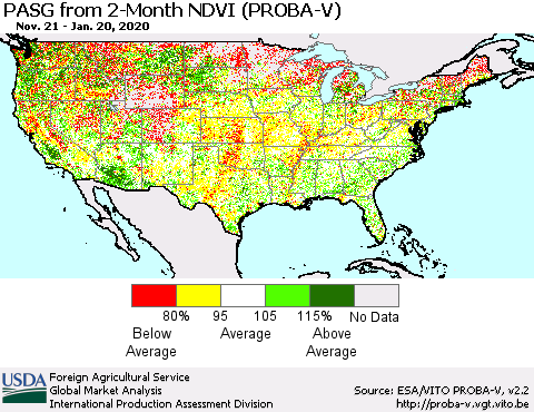 United States PASG from 2-Month NDVI (PROBA-V) Thematic Map For 1/11/2020 - 1/20/2020