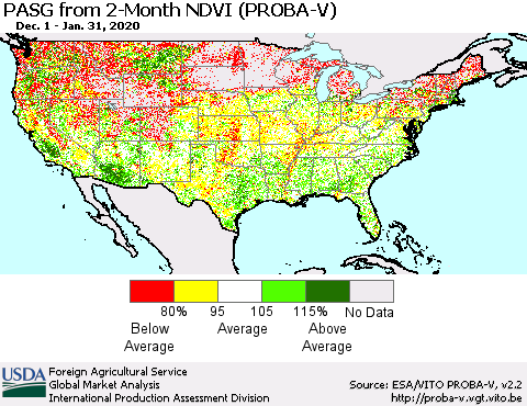 United States PASG from 2-Month NDVI (PROBA-V) Thematic Map For 1/21/2020 - 1/31/2020