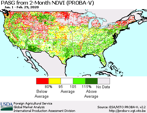 United States PASG from 2-Month NDVI (PROBA-V) Thematic Map For 2/21/2020 - 2/29/2020