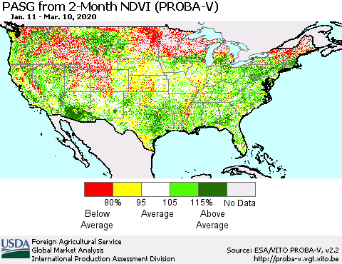 United States PASG from 2-Month NDVI (PROBA-V) Thematic Map For 3/1/2020 - 3/10/2020