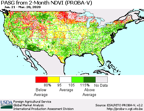 United States PASG from 2-Month NDVI (PROBA-V) Thematic Map For 3/11/2020 - 3/20/2020