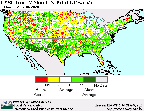 United States PASG from 2-Month NDVI (PROBA-V) Thematic Map For 4/21/2020 - 4/30/2020