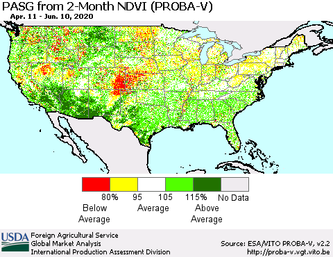 United States PASG from 2-Month NDVI (PROBA-V) Thematic Map For 6/1/2020 - 6/10/2020